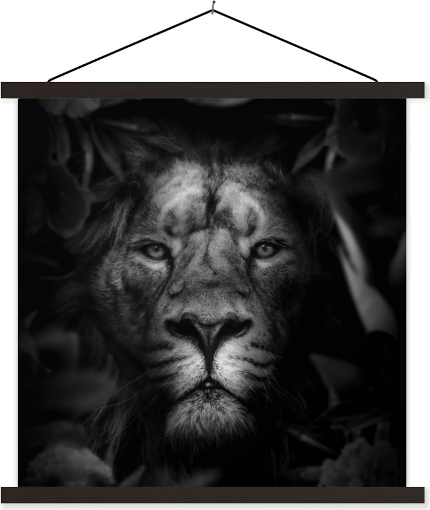 MuchoWow Textilposter Tiere - Löwe - Dschungel - Schwarz - Weiß 60x60 cm mit schwarzem Rahmen - Posteraufhänger