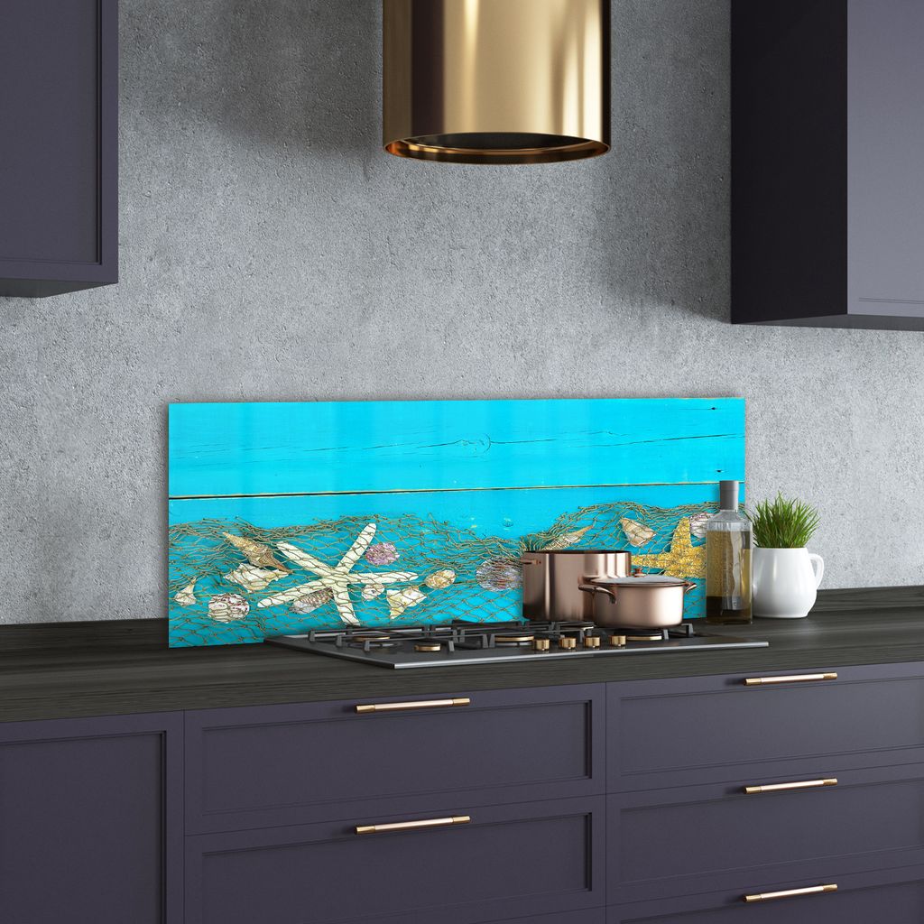 Tulup Küchenrückwand Spritzschutz aus Glas -125x50 -Spritzschutz auf gehärtetes Glas Deko Sonstige Seestern Muscheln