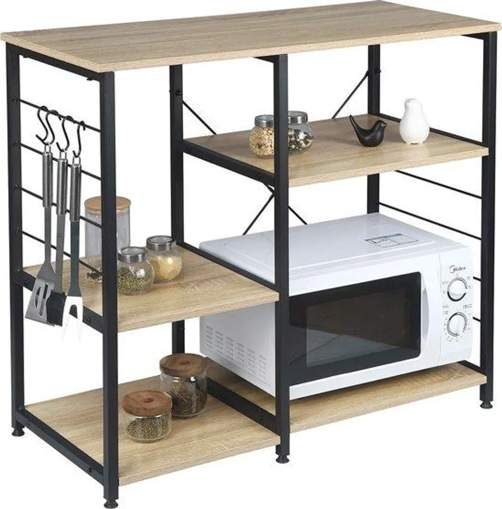 Étagère Micro-ondes 5 Niveaux en Métal 90x40x83cm - Noir et Chêne