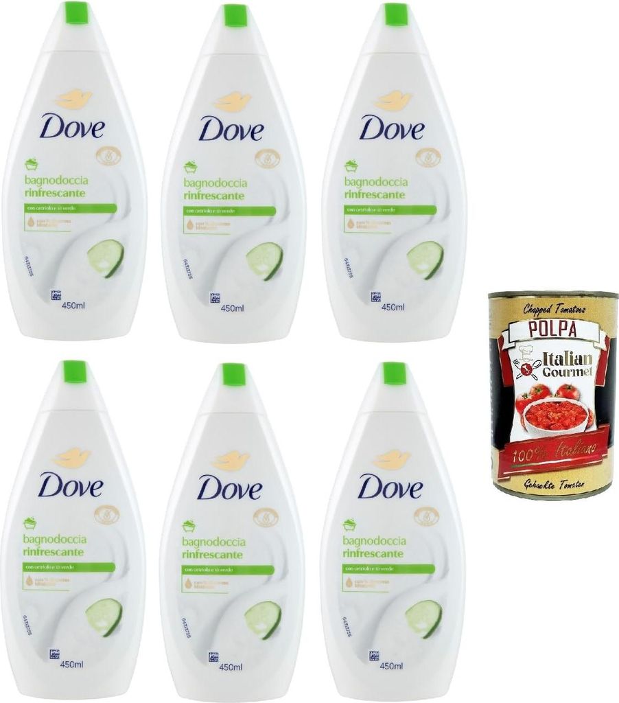 Dove bagnodoccia Rinfrescante mit Gurken und grüner Tee, Schaumbäder Bades bath shower foam, Weichheit und Pflege 6x 450 ml + Italian Gourmet pol...