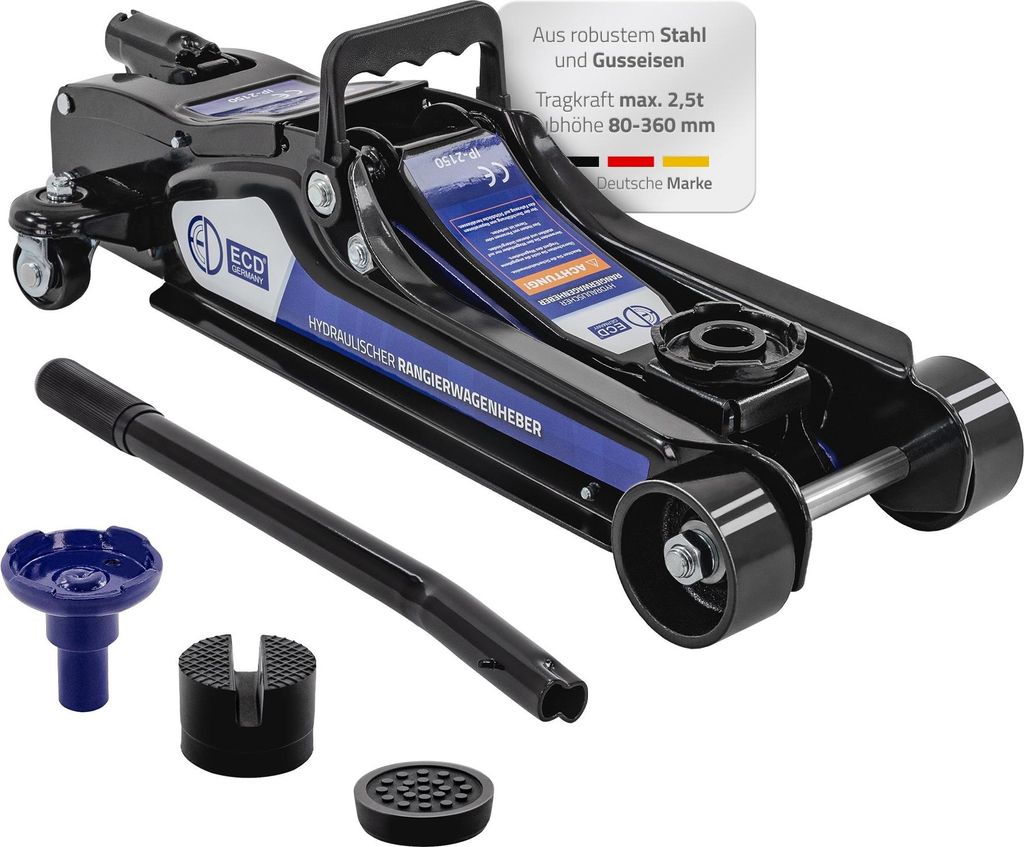A hydraulic car jack and its accessories are displayed on a light gray background.