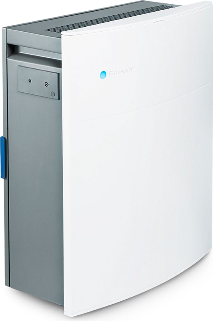 A white and gray air purifier is shown from a diagonal angle.