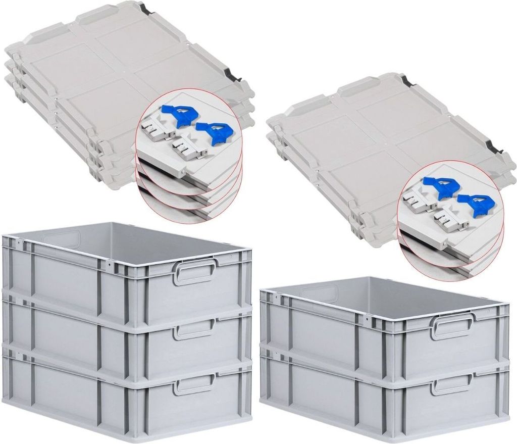 SuperSparSet 5x Eurobox NextGen Economy mit Scharnierdeckel und blauen Schiebeschnappverschlüssen | Griffe geschlossen | HxBxT 17x40x60cm | 34 Lit...