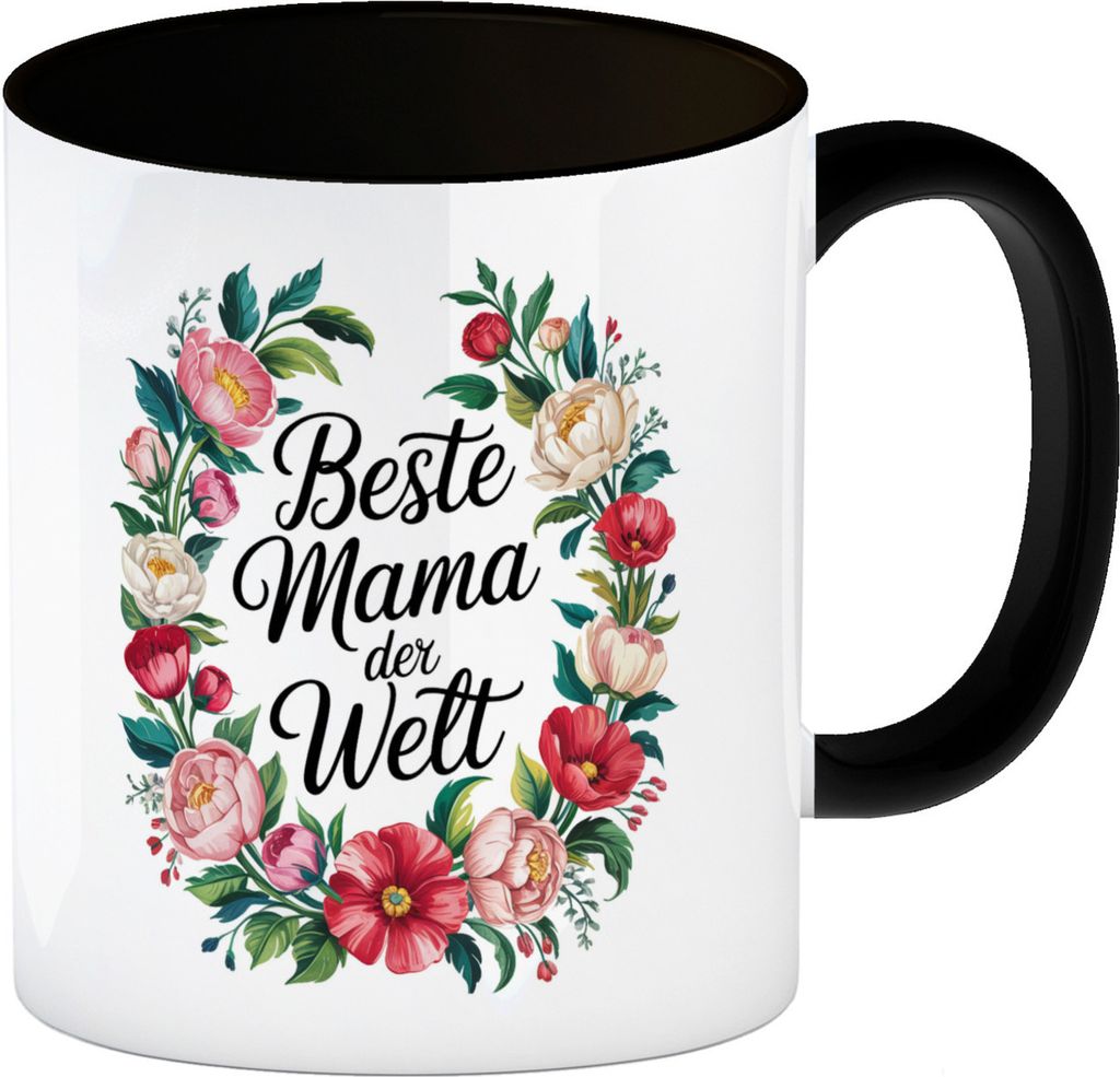 Beste Mama der Welt Kaffeebecher in schwarz Blumenkranz