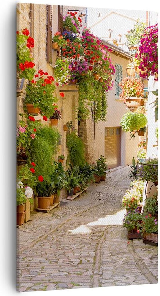 Bild auf Leinwand - Leinwandbild - Blume Straße Haus - 55x100cm - Wand Bild - Wanddeko - Wandbilder - Leinwanddruck - Bilder - Kunstdruck - Wandde...