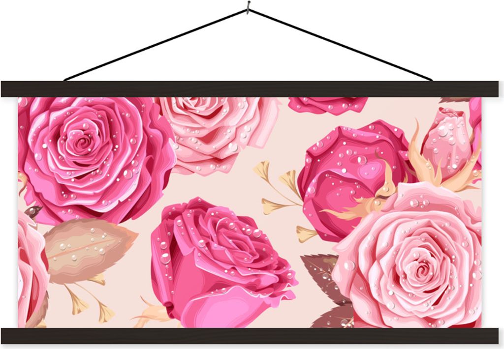 MuchoWow Textilposter Rosen - Collage - Rosa 60x30 cm mit schwarzem Rahmen - Textilien