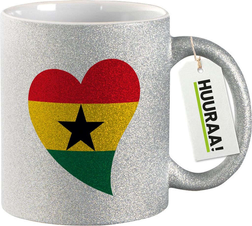 Huuraa Glitzertasse Ghana Flagge Herz 330ml Silber Keramik Kaffeebecher Geschenkidee