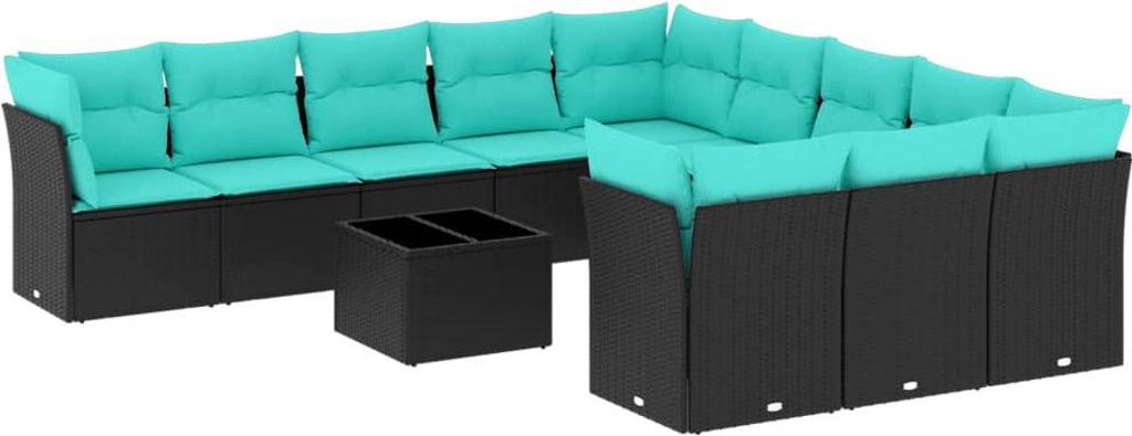 vidaXL 12-tlg. Garten-Sofagarnitur mit Kissen Schwarz Poly Rattan