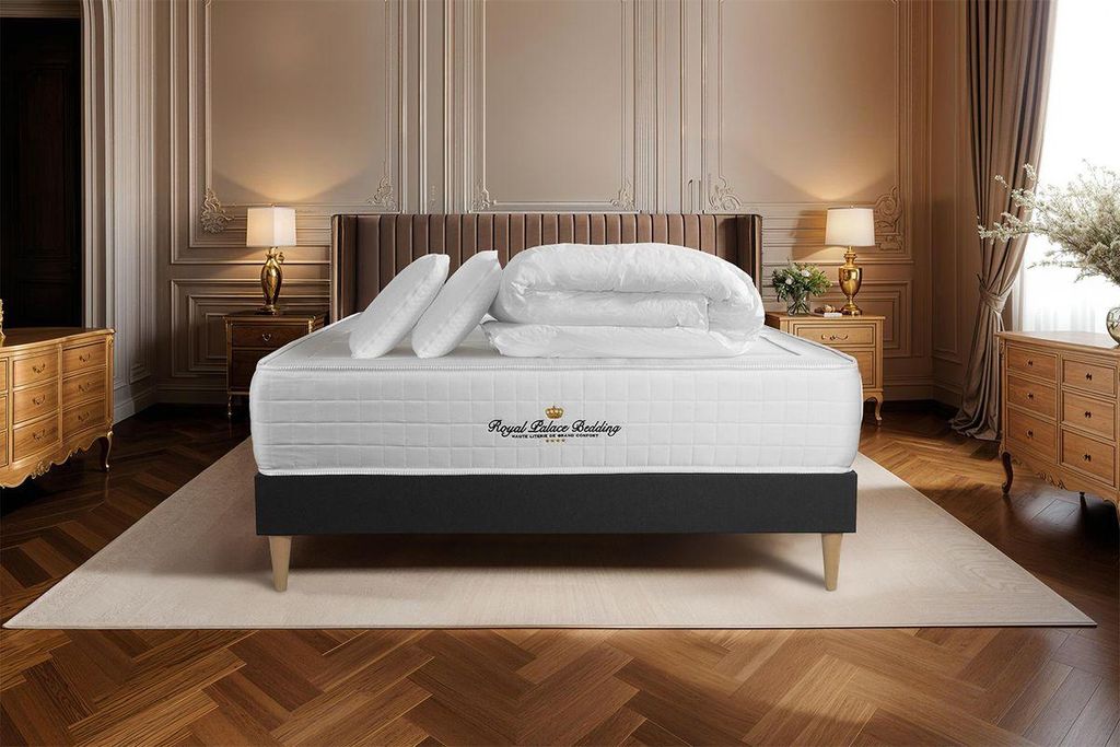Komplettpaket Bett - Matratze 140x190 cm + Boxspringbett mit Lattenrost (im Set) + 2 Kopfkissen + Bettdecke - Windsor