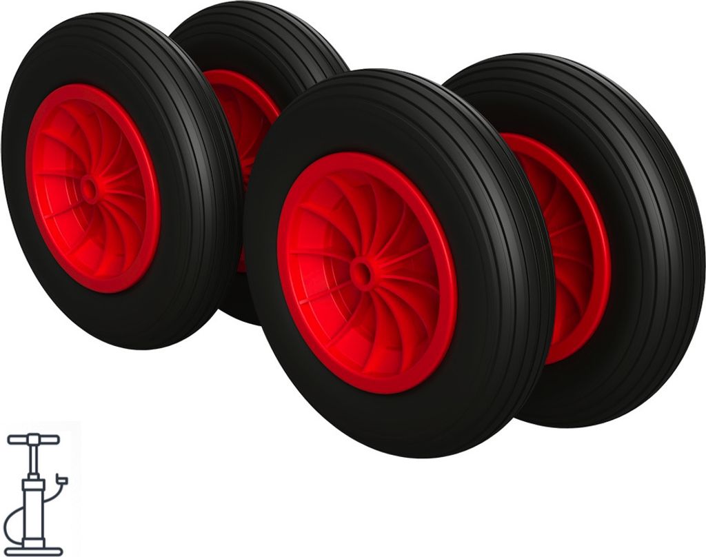 4 x Luftrad Ø 370 mm 3.50-8 Gleitlager Schubkarrenrad Reifen, schwarz/rot