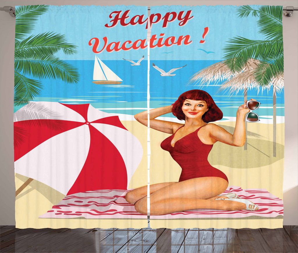 ABAKUHAUS Pin up Girl Rustikaler Gardine, Rote Badeanzüge, Schlafzimmer Kräuselband Vorhang mit Schlaufen und Haken, 280 x 225 cm, Mehrfarbig