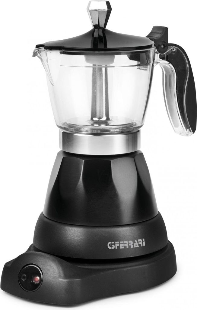 A black electric moka pot coffee maker with a clear glass upper chamber and a silver trim, shown on a white background.