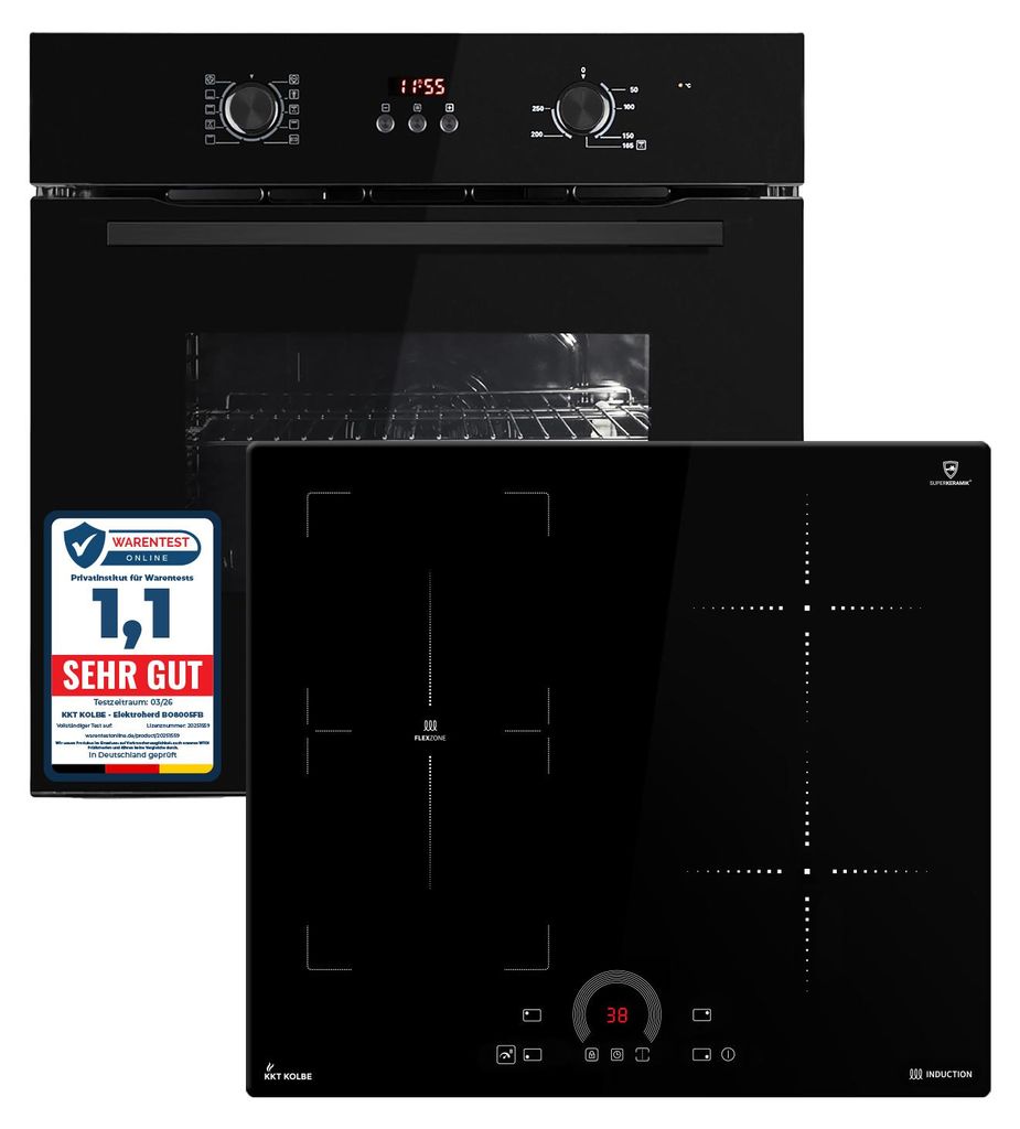 KKT KOLBE Autarkes Herdset | 60cm Einbaubackofen BO8005FB | 59cm Induktionskochfeld IH85901FZ | Flexzone | Grill | Heißluft | Automatik-Timer | 2-...