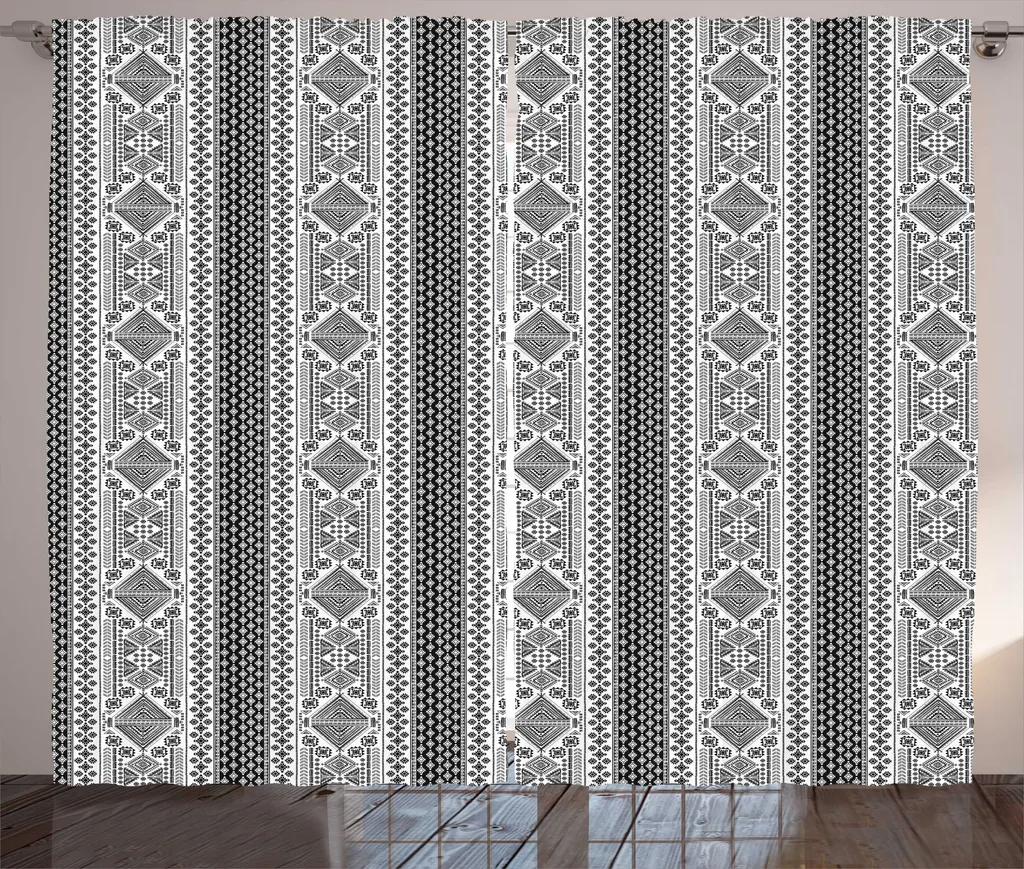 Rideau à Fronces pour Chambre Motif Ethnique Gris et Blanc 280x225cm