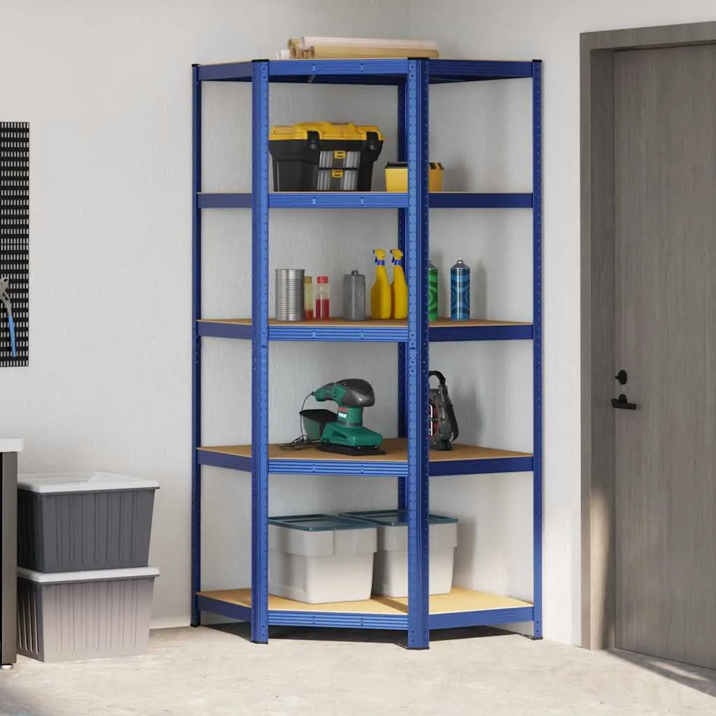 Étagère d'angle 5 tablettes bleu en acier et bois composite robuste