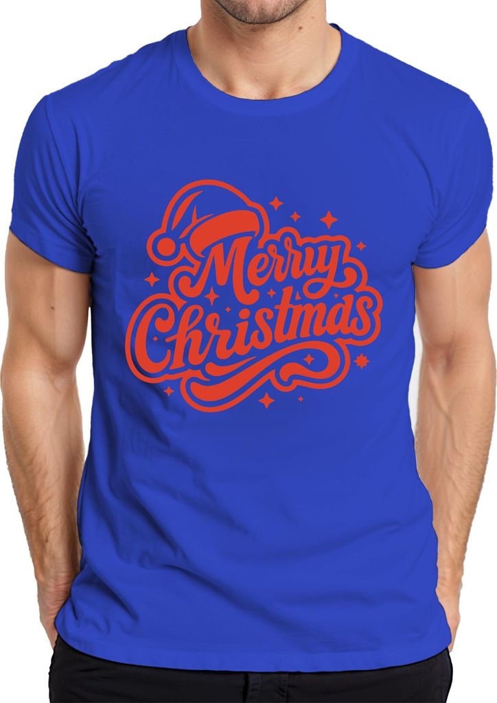 Merry Christmas Weihnachten Geschenk Santa Hat Sterne Vintage Herren T-Shirt, Blau, XL