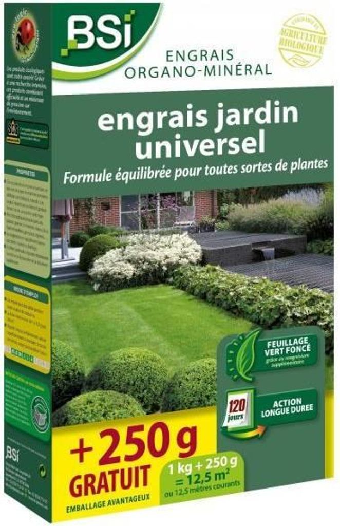 Universeller organischer Dünger BSI Mehrere Pflanzen Rasen, Gemüsegarten, Blumen Langanhaltende Wirkung 1 kg + 250 g gratis 12,5 m²