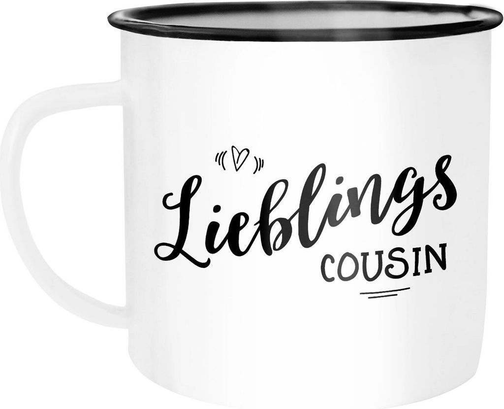 Emaille Tasse Becher Lieblingscousin Lieblingskusin Geschenk Familie Cousine Kaffeetasse Moonworks weiß-schwarz unisize