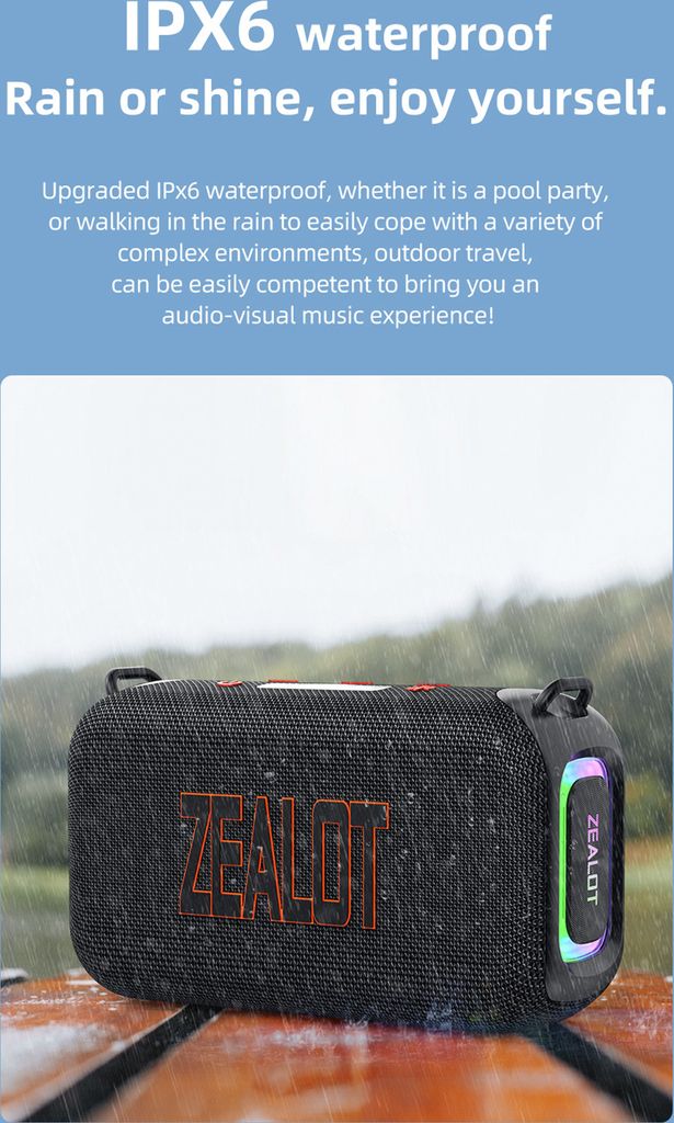 ZEALOT S85 Tragbarer kabelloser BT 5.3-Lautsprecher, 50 W, verstaerkte Bass-Soundbox mit buntem RGB-Licht, einstellbaren EQ-Modi, Aux-USB-TF-Karten...