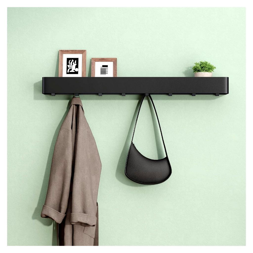 Wandgarderobe mit Ablage und 8 Haken, 80 cm zur Wandmontage, Kleiderhaken für Flur, Badezimmer oder Küche, multifunktionale Garderobe, Sandschwarz