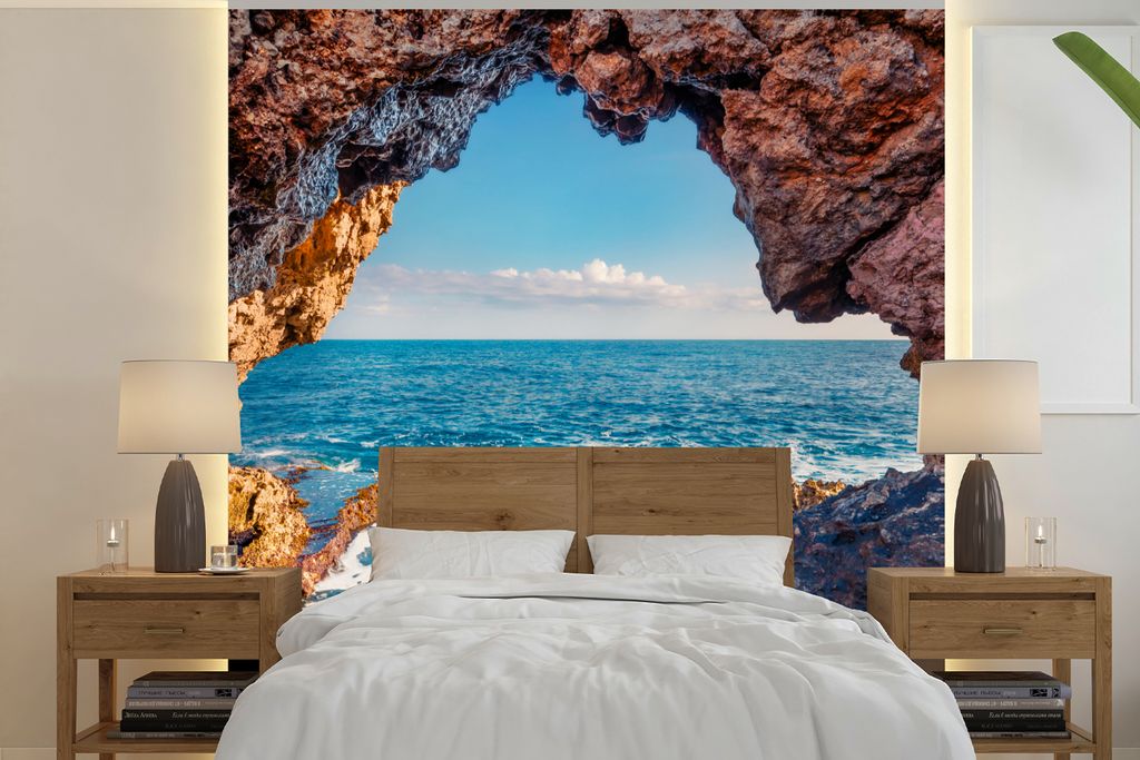 MuchoWow Fototapete für Wohnzimmer oder Schlafzimmer Wandtapete Vinyl Motivtapete Höhle - Meer - Felsen - Natur - 350x350 cm - Schlafzimmertapete