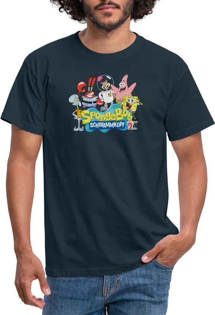 Spreadshirt SpongeBob Schwammkopf Logo Patrick Thaddäus Krabs Männer T-Shirt, XL, Navy