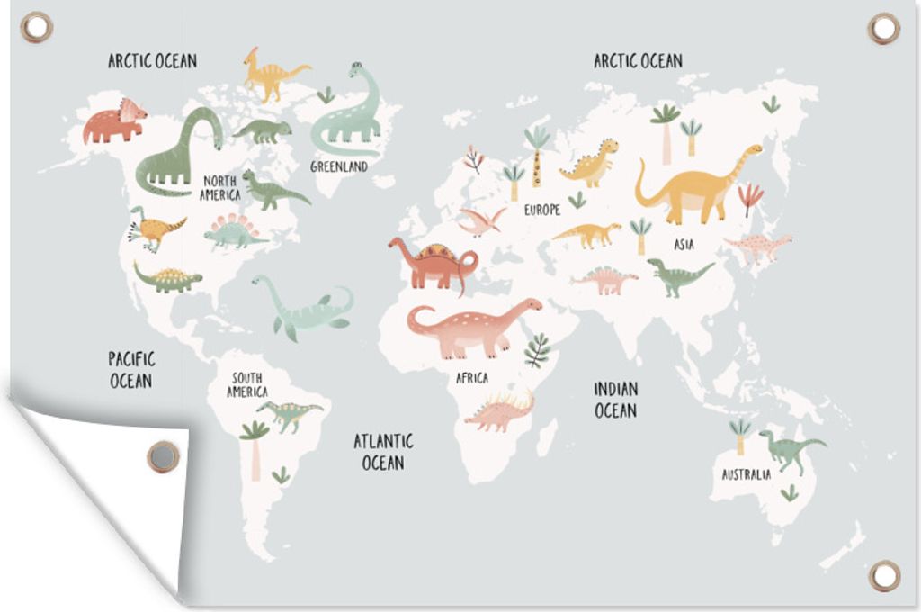 MuchoWow 120x80 cm Outdoor-Poster Gartendeko Sichtschutz Garten Poster für den Garten Kinderzimmer - Karte - Dino - Grau