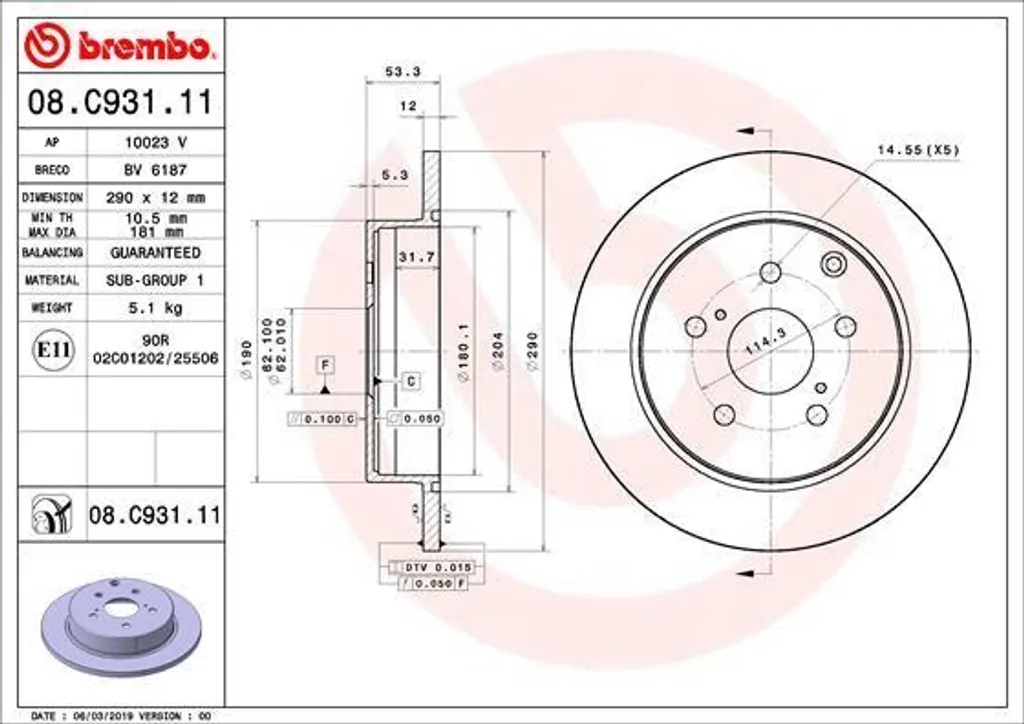 Disque de Frein Brembo 08.C931.11 Traité Anti-Corrosion Prius Plus W4