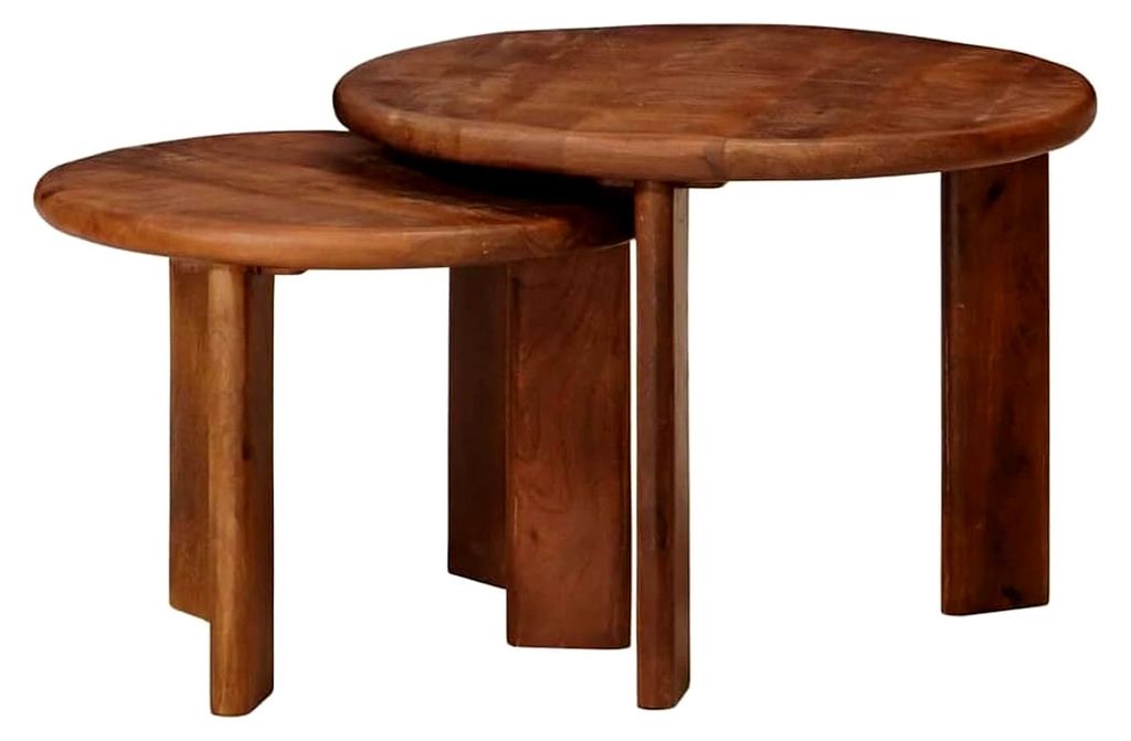 2 x Couchtisch, ausziehbar, rund, Beistelltisch, stapelbar, Wohnzimmer, 2 Stück, honigbraun, massives Mangoholz