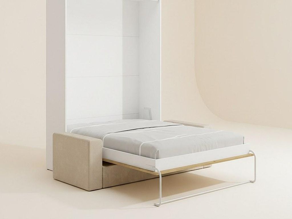 Schrankbett - 160 x 200 cm - Natur & Weiß - Vertikale manuelle Öffnung - Mit Sofa - BEGANIO