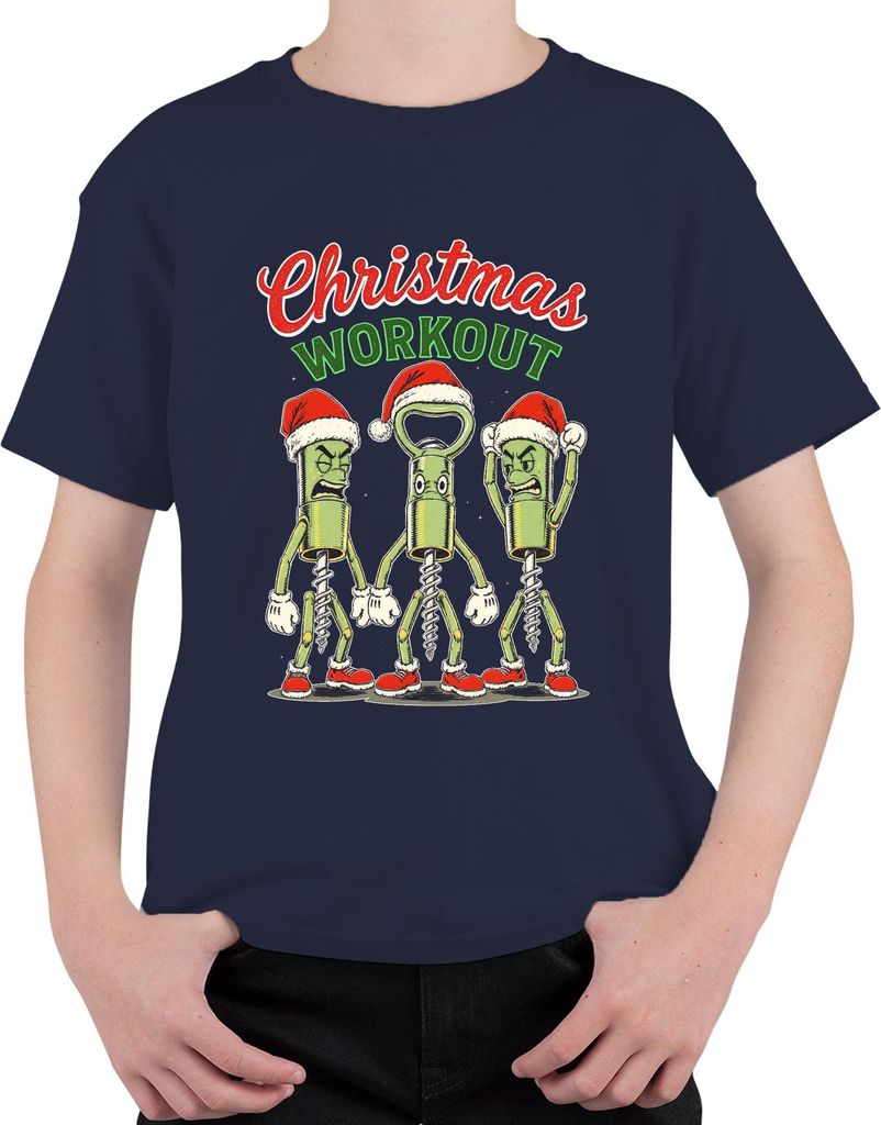 Christmas Workout Korkenzieher Flaschenöffner Wein Weihnachten Uni Kinder T-Shirt, Navy, 140