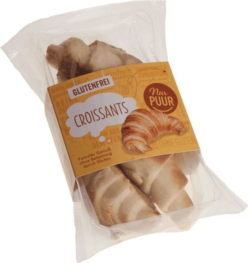 A package of gluten-free croissants on a white background.