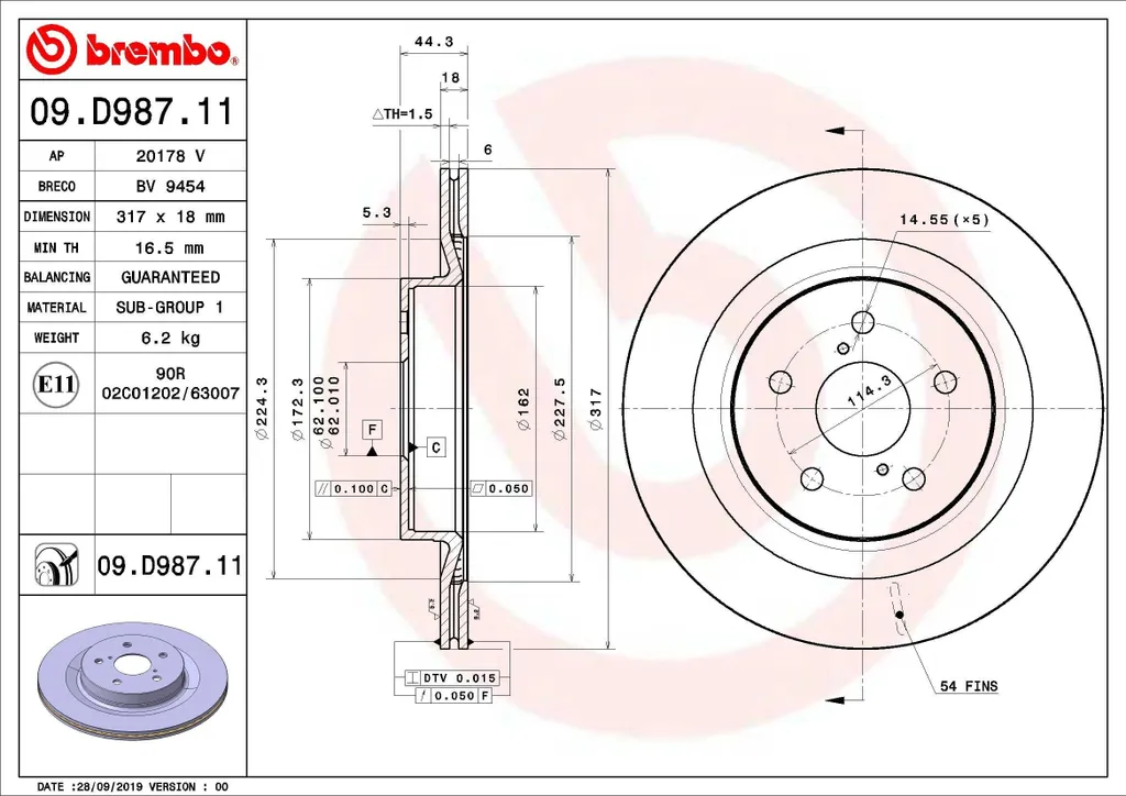 Disque de Frein Arrière pour Toyota RAV 4 V - Brembo 09.D987.11 OE
