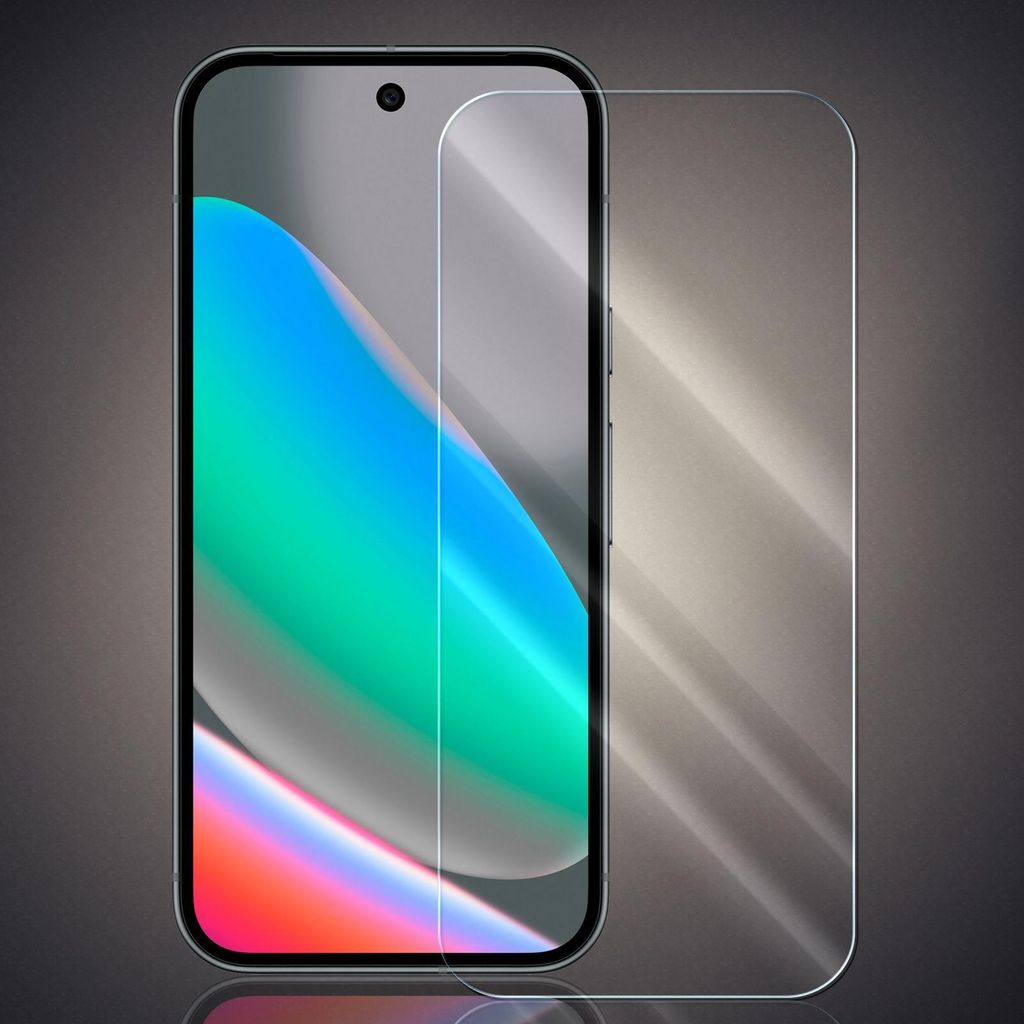 A clear screen protector is shown placed over a smartphone screen.
