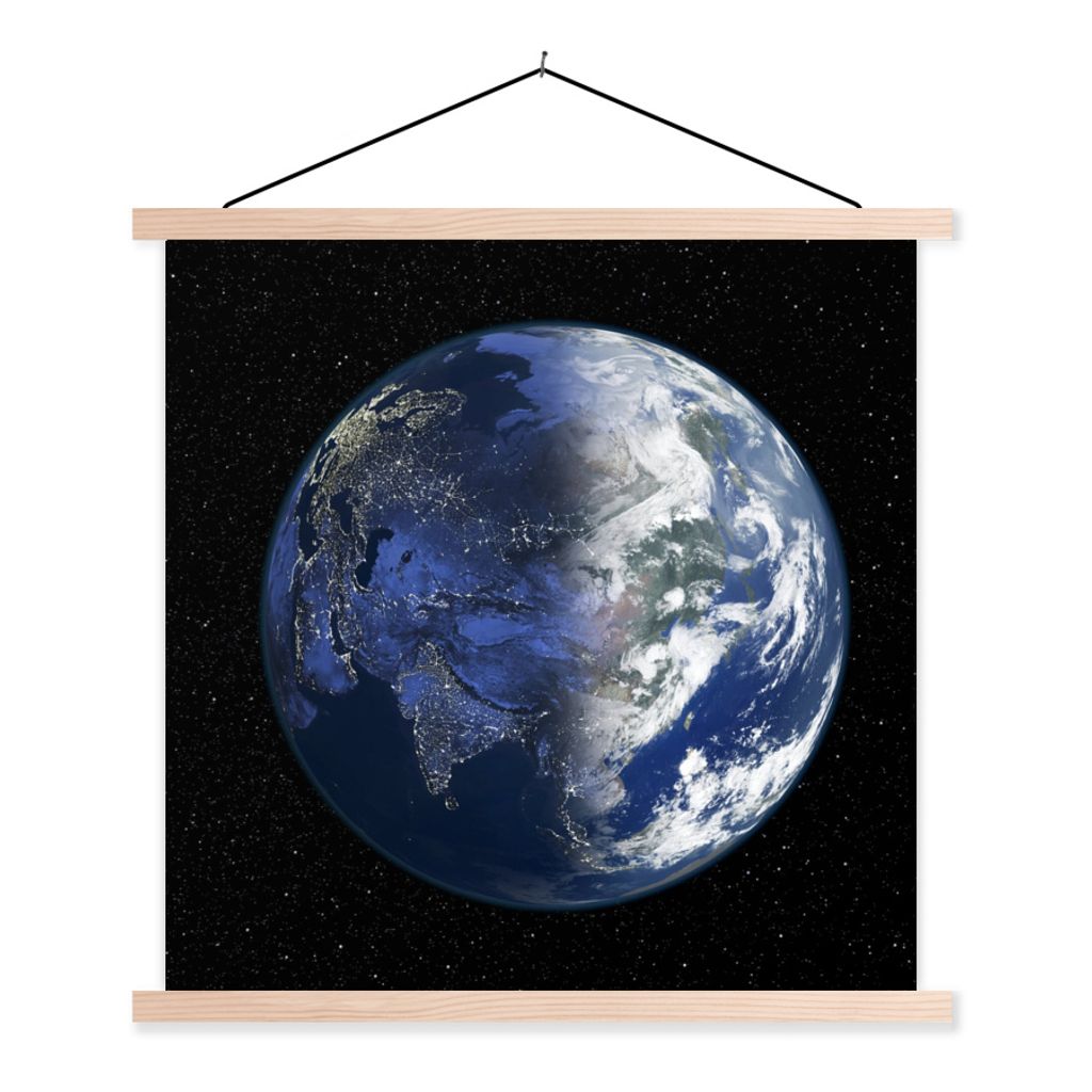 MuchoWow Textilposter Asien bei Tag und Nacht 60x60 cm mit holzfarbenen Rahmen - Wanddekoration