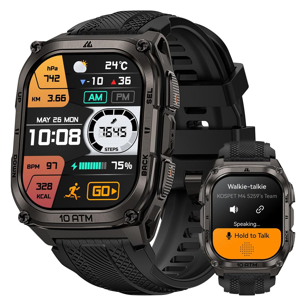 KOSPET TANK M4 GPS Smartwatch Herren Voll-Edelstahlgehäuse Globale Offline-Karten & 6 Satelliten-System 100 m Wasserdicht 180+ Sportmodi 1,96" AMOLED
