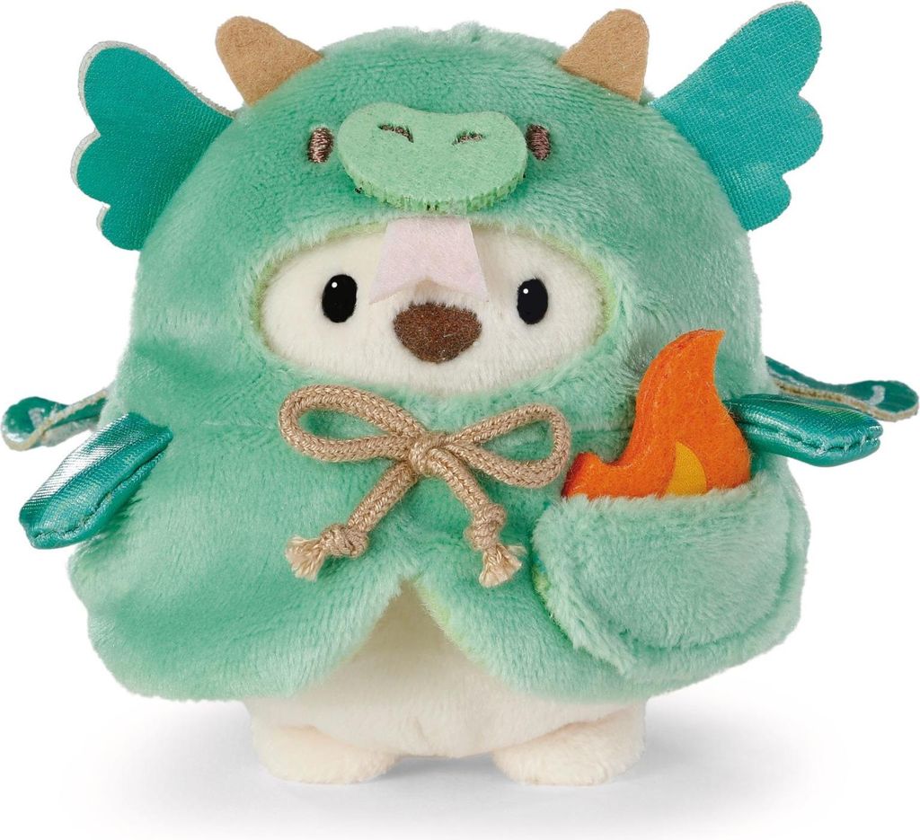 A plush toy of a white bear wearing a green dragon costume and holding a flame.