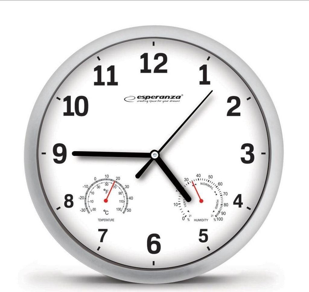 A round, white wall clock with a silver frame, displaying the time and two integrated gauges for temperature and humidity.