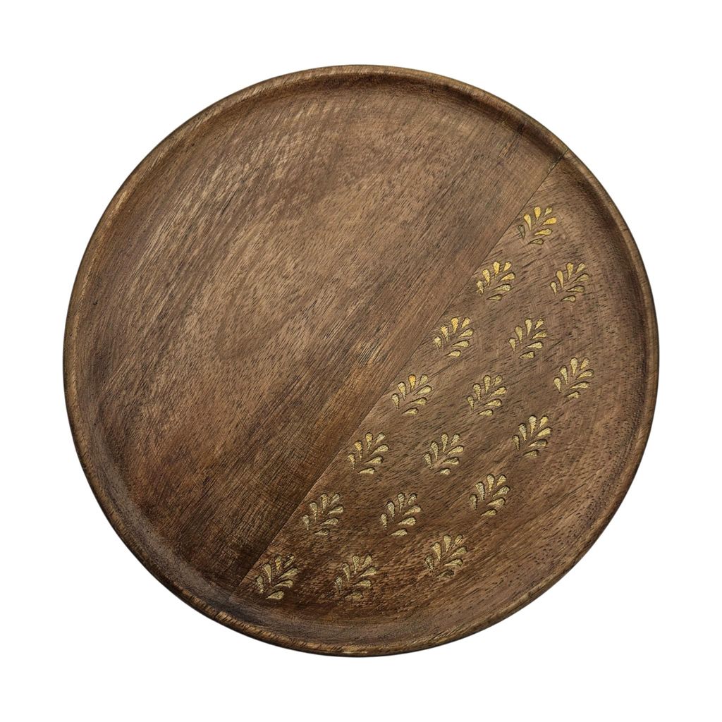 Holzteller Deko Teller Kerzenteller rund 22cm Blattmuster braun Mangoholz dekobrett