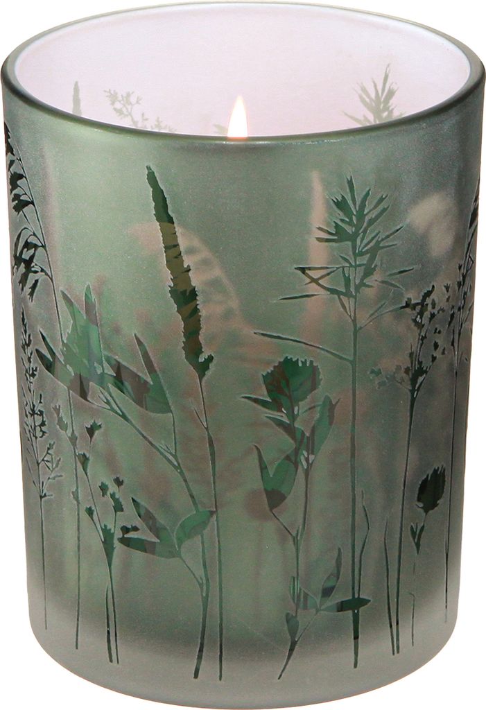 Deko Windlicht Glas Grün Weiß Wiesenmotiv 12,5cm Set 2, 2 Stück