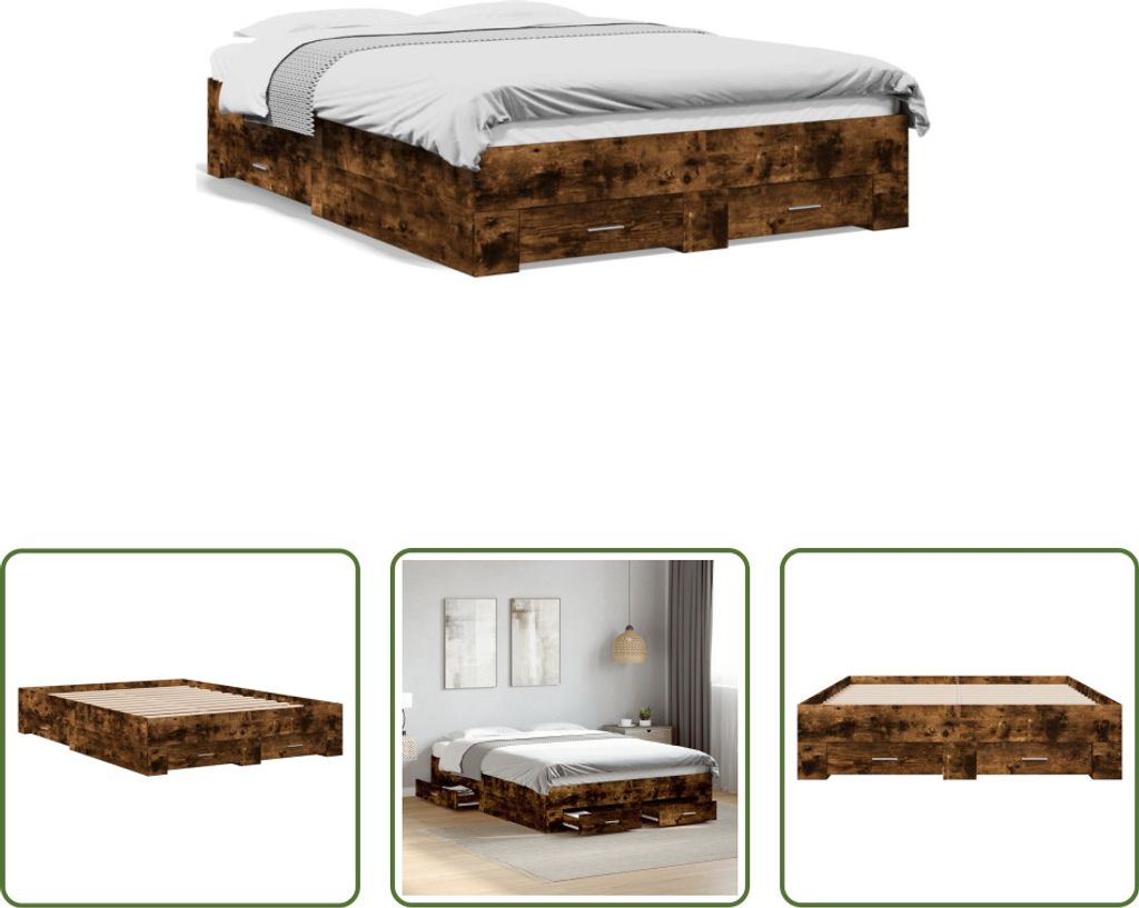 The Living Store Bettgestell mit Schubladen Räuchereiche Produktbild 
