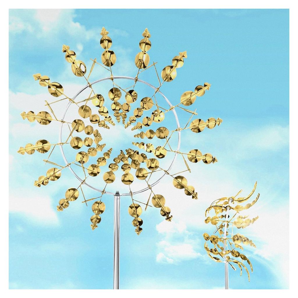Metall Windmühle, 3D Windbetriebene Kinetische Windrad für Garten, Terrasse und Landschaft (Gold)
