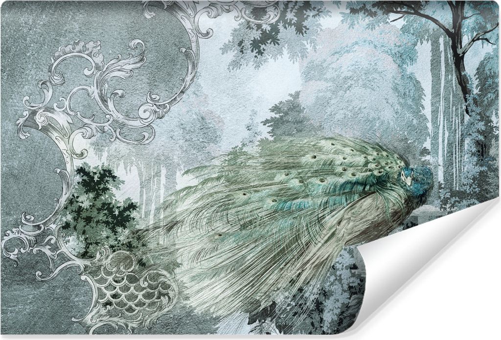Muralo Vlies Fototapete Für Wohnzimmer PFAU Ornamente Bäume Blätter Abstraktion Vintage Br. 368cm x Hö. 280cm