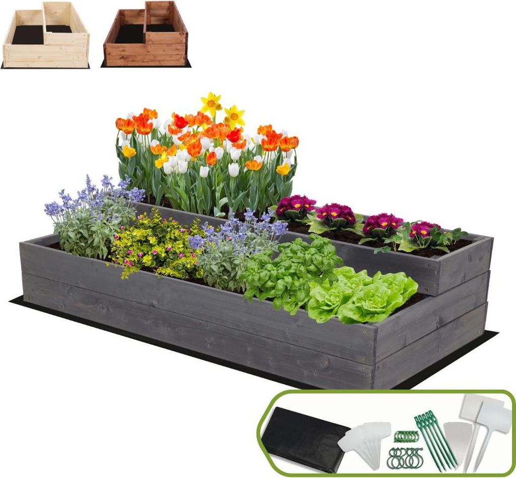 MODO24 Hochbeet Holz, Pflanzkasten, Massivholz, Kiefer, Kräuterbeet, Blumenkasten, Garten, Terrasse, 27x117x63 cm, Grau, ZP07