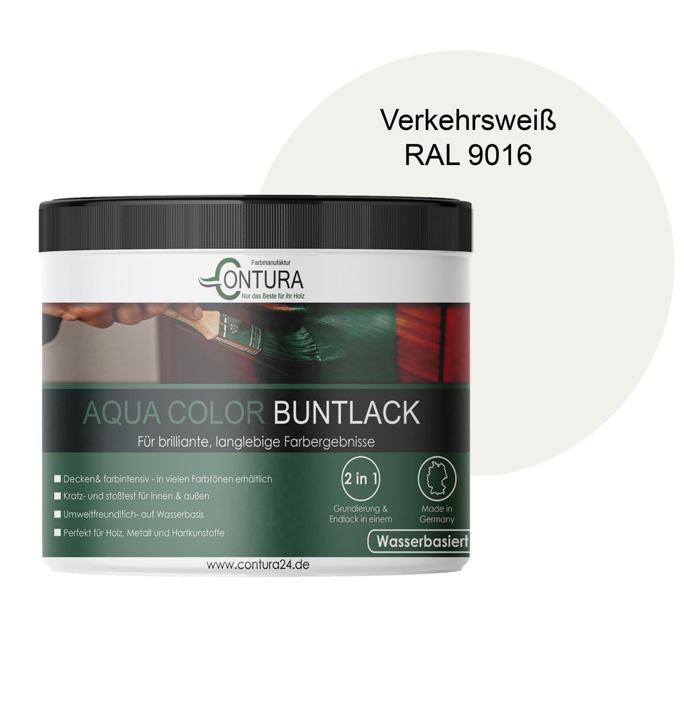 Contura 250ml. Buntlack Lackfarbe Lack Außen Innen Holz Metall Farbe Holzlack Möbellack - RAL 9016 Verkehrsweiß