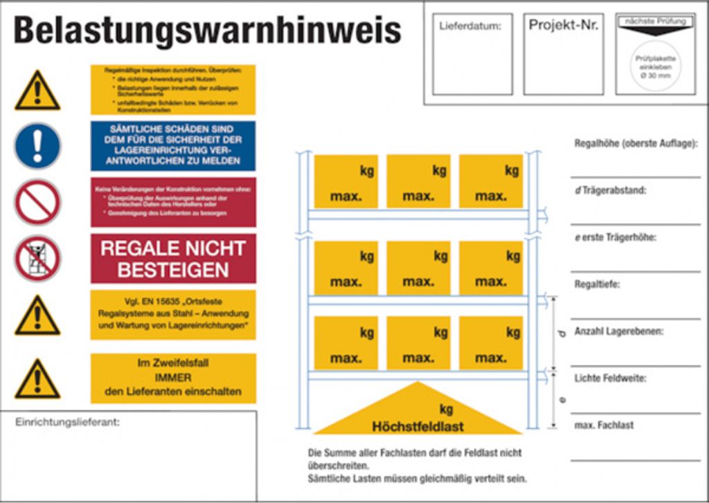 Dreifke Regalkennzeichnung mit Belastungswarnhinweisen PAlettenregal - DIN E...