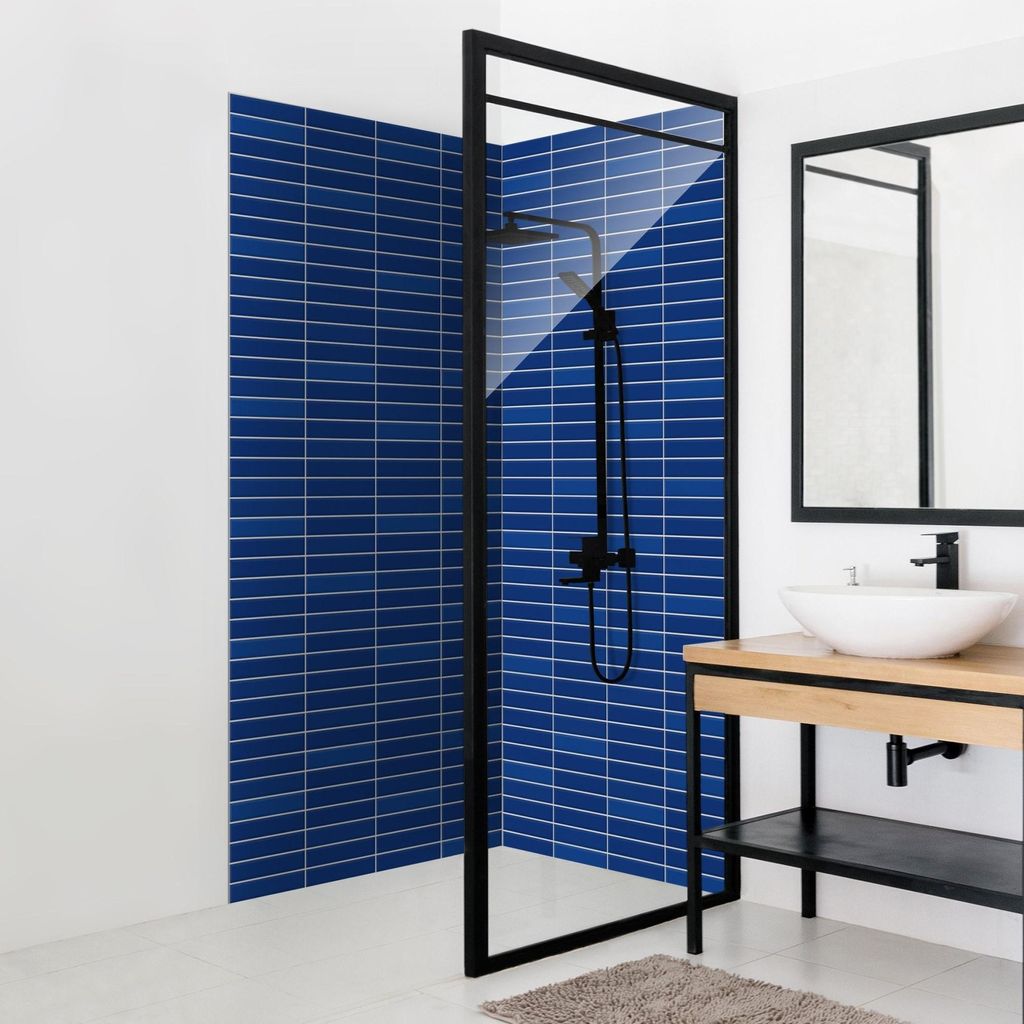 Duschrückwand mit Motiv selbstklebend - 0.35 mm Wandpaneel wasserfest Design blau Fliesenoptik Unifarben Badrückwand fugenlos Smart matt 100x190 cm