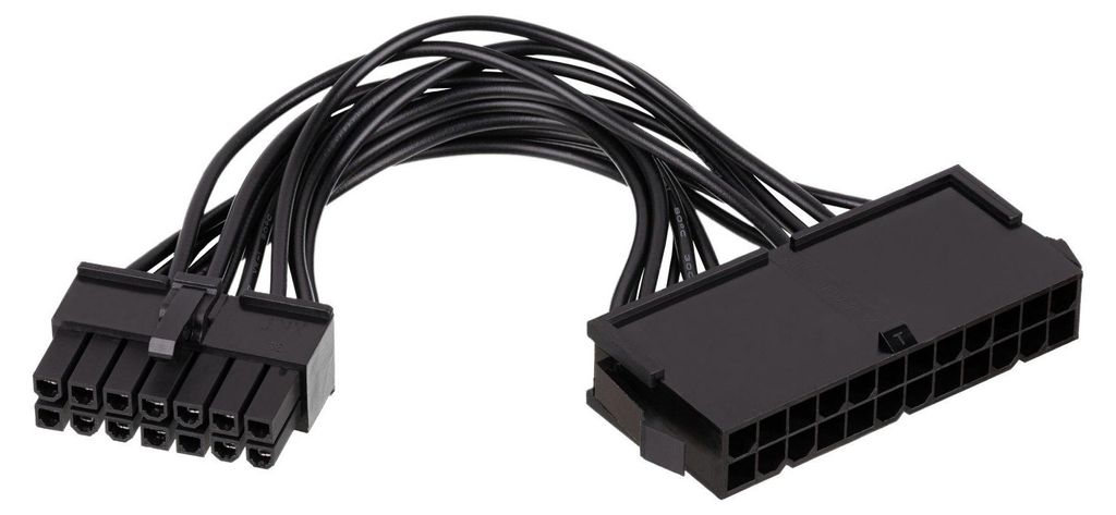 A black computer power supply adapter cable with two connectors.