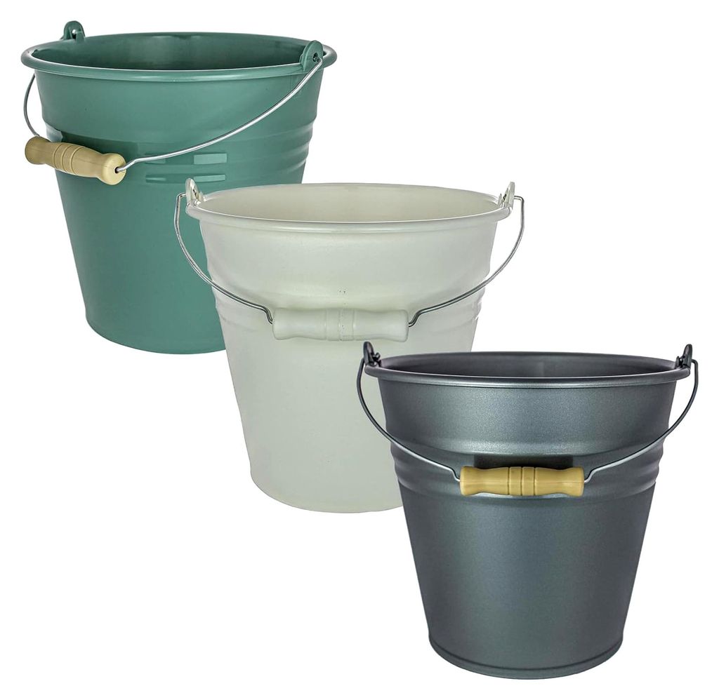 Kunststoff Eimer 7L, 3er Set, Putzeimer, Pastellgrün/Silber/Creme, Höhe 25cm, Ø 27cm, EU