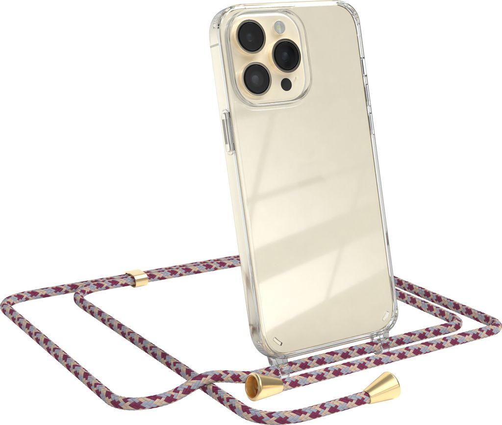 EAZY CASE Handykette kompatibel mit Apple iPhone 14 Pro Max, Handyhülle mit Umhängeband, Handykordel, Schutzhülle Clear, Band in Rot
